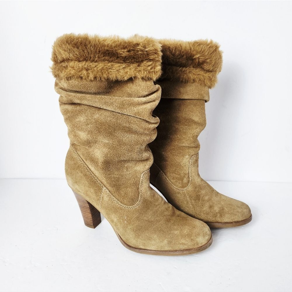 Steve Madden Leather Heeled Boot Faux Fur Cuff Tan Womens Size 8.5